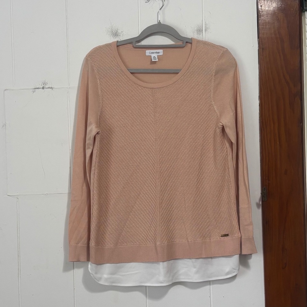 Calvin Klein Womens Peach Mixed Media Layered Sweater Textured Chevron Size M